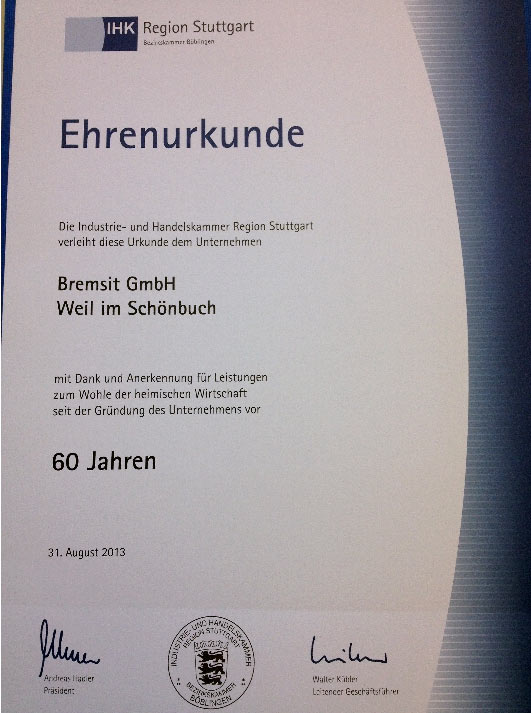 Ehrenurkunde zum 60jährigen Bestehen der Bremsit GmbH